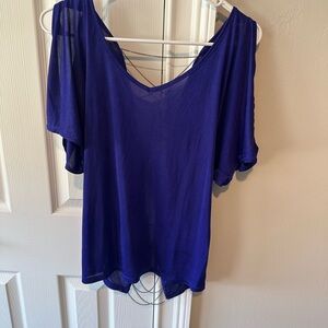 Moda International Blue Flutter Sleeve Asymmetrical Blouse